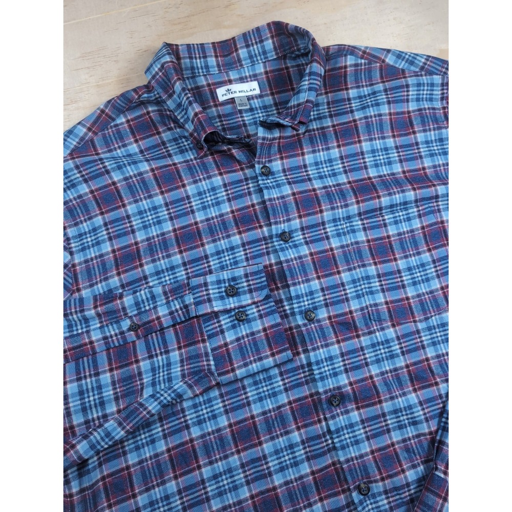 Peter Millar Shirt Mens Large Blue Plaid Polyester Button Up
